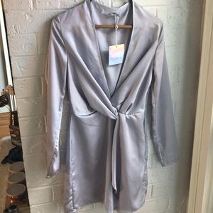 “Silky plunge wrap shift dress”